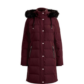 Lauren Dark Garnet quilted puffer coat with faux fur trim hood, zip pockets and snap button fastening, mid-length