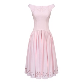 House of CB pink off-shoulder midi dress with embroidered hem detail and full pleated skirt