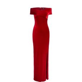Lauren Red Velvet off-shoulder maxi dress with fitted silhouette and front thigh-high split, no model