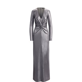 Lauren Modern Slate metallic maxi dress with deep V-neckline, twist-knot waist detail, and long sleeves
