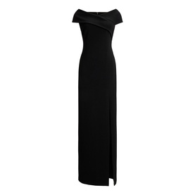Lauren black off-shoulder cap sleeve maxi dress with front split and fitted silhouette