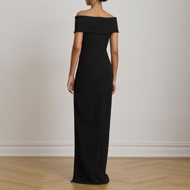 Model wearing Lauren black off-shoulder maxi dress with fold-over neckline, rear view