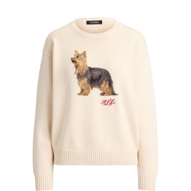 Lauren Mascarpone Cream crew-neck knit sweater with intarsia Yorkshire Terrier motif and red RL logo script