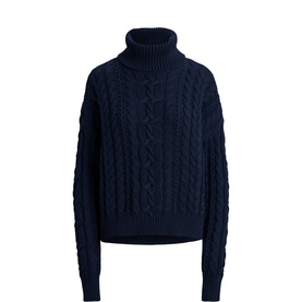 Lauren cable-knit turtleneck jumper in Lauren Navy, cropped silhouette with chunky all-over cable texture and ribbed cuffs