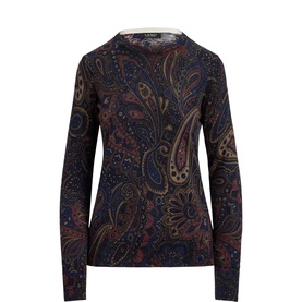 Lauren navy multi paisley print long-sleeve knit top with crew neck, shown as flat product shot