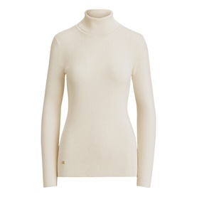 Lauren Mascarpone Cream ribbed turtleneck knit top with long sleeves and slim fit, small logo detail at hem