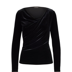 Lauren black velvet long-sleeve top with draped cowl neckline and ruched front detail