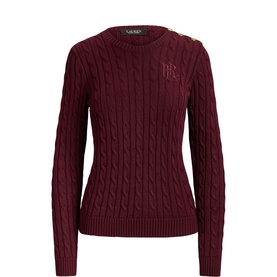 Lauren Dark Garnet cable-knit jumper with crew neck, gold button shoulder detail and embroidered logo