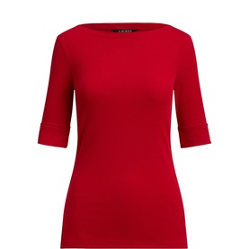 Lauren Ralph Red boat-neck elbow-sleeve fitted top, plain knit fabric