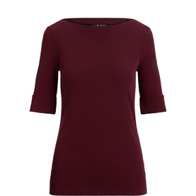 Lauren Dark Garnet stretch top with boat neckline and elbow-length sleeves with button-tab cuffs