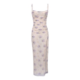 House of CB Ivory Peony Print ruched mesh midi dress with square neckline, thin straps, and side split