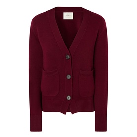 Lisa Yang Deep Plum cashmere cardigan with V-neck, three buttons, and front patch pockets