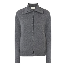 Lisa Yang The Denie Knit Cardigan in graphite grey cashmere with flat extended collar, button fastening, long sleeves, and ribbed trims.