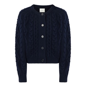 Lisa Yang navy cashmere cable-knit cardigan with round neck and button fastening, cropped length