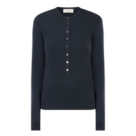 Lisa Yang Airi Knitted Cashmere Polo Shirt in navy, long sleeves, half-button placket, round neck, ribbed finish