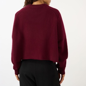 Model wearing Lisa Yang The Karine Sweater in Deep Plum, cropped cashmere knit with crew neck, dropped shoulders and ribbed trims, styled with black