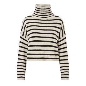 Lisa Yang Zerlina Striped Turtleneck Sweater in Oyster and Dark Oak stripes, 100% cashmere with ribbed turtleneck, cuffs and hem