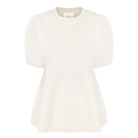 Lisa Yang The Mella Peplum Top in cream cashmere with crew neckline, short puff sleeves, and peplum hemline