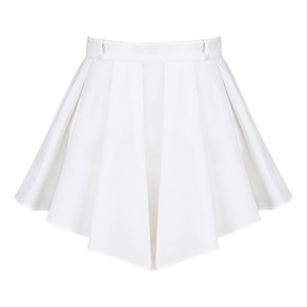 House of CB white flared mini skirt with pleated silhouette and high waist, flat lay