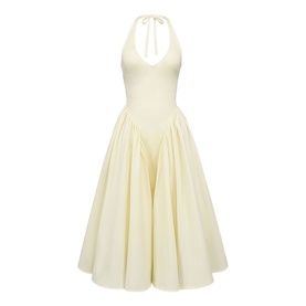 Cream halterneck midi dress with deep V-neckline, tie fastening, fitted bodice and full pleated skirt