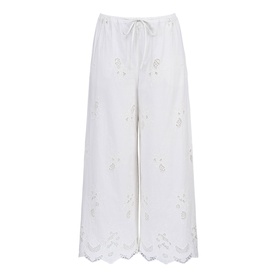 House of CB white wide-leg trousers with drawstring waist, floral broderie anglaise embroidery and scalloped hem