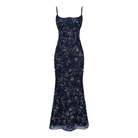 Navy blue floral embroidered spaghetti strap maxi dress with sequin detail, fitted silhouette and fluted hem