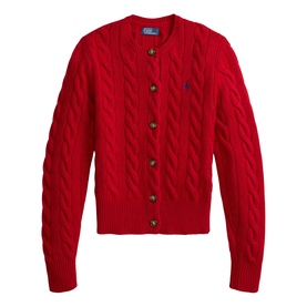 Polo Ralph Lauren red cable-knit cardigan with gold buttons and navy embroidered pony logo, crew neck, long sleeves