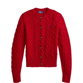 Polo Ralph Lauren red cable-knit cardigan with gold buttons and navy embroidered pony logo, crew neck, long sleeves
