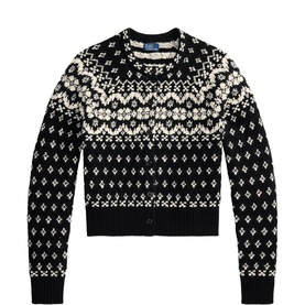 Polo Ralph Lauren Fair Isle Knitted Cardigan in black with cream Fair Isle motif, buttoned front, rib-knit trims and rolled crew neckline