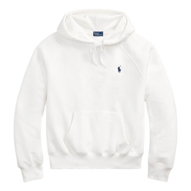 Polo Ralph Lauren white hoodie with kangaroo pocket, drawstring hood, and embroidered navy Polo Pony logo on chest