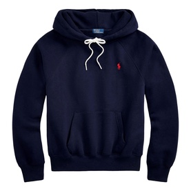 Polo Ralph Lauren Cruise Navy hoodie with white drawstring, kangaroo pocket, and embroidered red pony logo