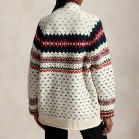 Model wearing Polo Ralph Lauren cream multi Fair Isle knit cardigan, shown from the back with colourful geometric pattern detail