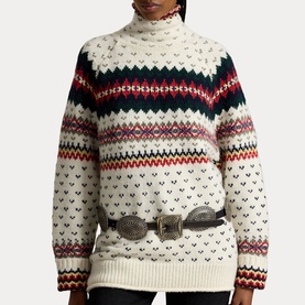Polo Ralph Lauren Fair Isle Knitted Turtleneck Sweater in cream with multicolour Fair Isle pattern, styled with a silver belt
