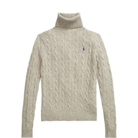 Polo Ralph Lauren cable-knit turtleneck sweater in Light Vintage Heather with navy Pony logo embroidery