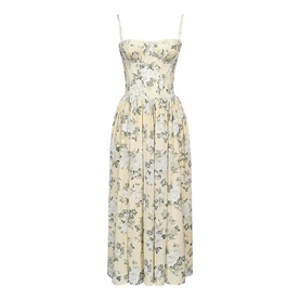 House of CB taupe floral print midi dress with sweetheart neckline, thin straps, ruched bodice, and full pleated skirt