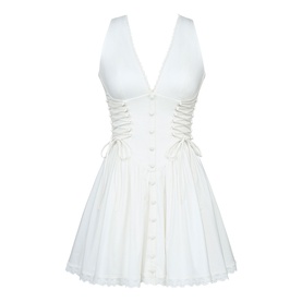 House of CB white mini dress with deep V-neck, corset lace-up sides, button-front placket, and pleated skirt