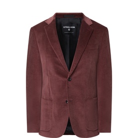Strellson burgundy corduroy blazer with notch lapels, two-button front, and patch pockets
