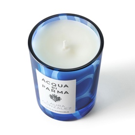 Acqua Di Parma scented candle in blue patterned glass jar with white wax and single wick, Laura Gonzalez edition label