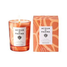 Acqua Di Parma Laura Gonzalez scented candle in glass jar with decorative orange marbled gift box