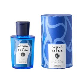 Acqua Di Parma Blu Mediterraneo Laura Gonzalez Eau de Toilette bottle and cylindrical gift box in blue and white