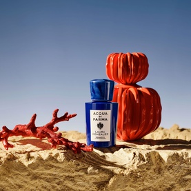 Acqua Di Parma blue EDP bottle on rocky surface, styled with red coral and stacked orange pumpkins against a blue sky.