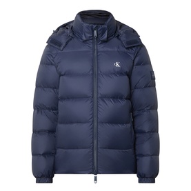 Calvin Klein Jeans Dark Sapphire puffer casual jacket with detachable hood, zip fastening, and logo badge on chest.
