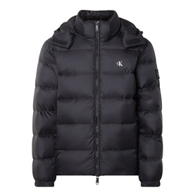 Calvin Klein Jeans black quilted puffer jacket with detachable hood, zip fastening, and logo badge on chest