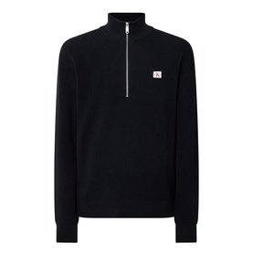 Calvin Klein Jeans Badge Logo Waffle-Knit Half-Zip Sweatshirt in black, funnel neck, silver half-zip, chest badge logo, ribbed trims