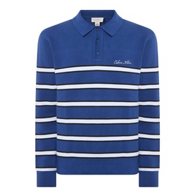 Blue and white stripe Calvin Klein long-sleeve knit polo shirt with embroidered logo, collar and button placket