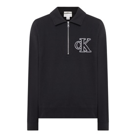 Calvin Klein Jeans black half-zip knit polo sweatshirt with embroidered CK monogram logo on chest