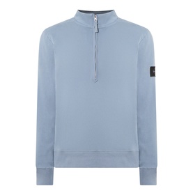Calvin Klein Jeans Steel Gray half-zip sweatshirt with funnel neck, ribbed cuffs and hem, and logo badge on sleeve.