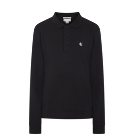 Calvin Klein Jeans black long-sleeve polo sweatshirt with CK monogram logo badge and three-button placket