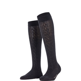 Falke Knee High socks in black, featuring an all-over cable knit texture, shown as a pair standing upright.