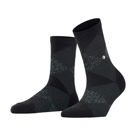 Falke black ankle socks with geometric argyle pattern in dark grey and glitter detail, small logo emblem on ankle